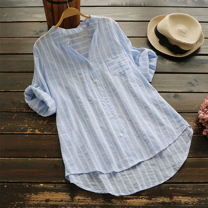 ZANZEA Плюс Размер Женская блузка летние женские Топы в полоску повседневные Рабочие Рубашки женские элегантные блузы с v-образным вырезом женская блуза 5XL - Цвет: Light Blue