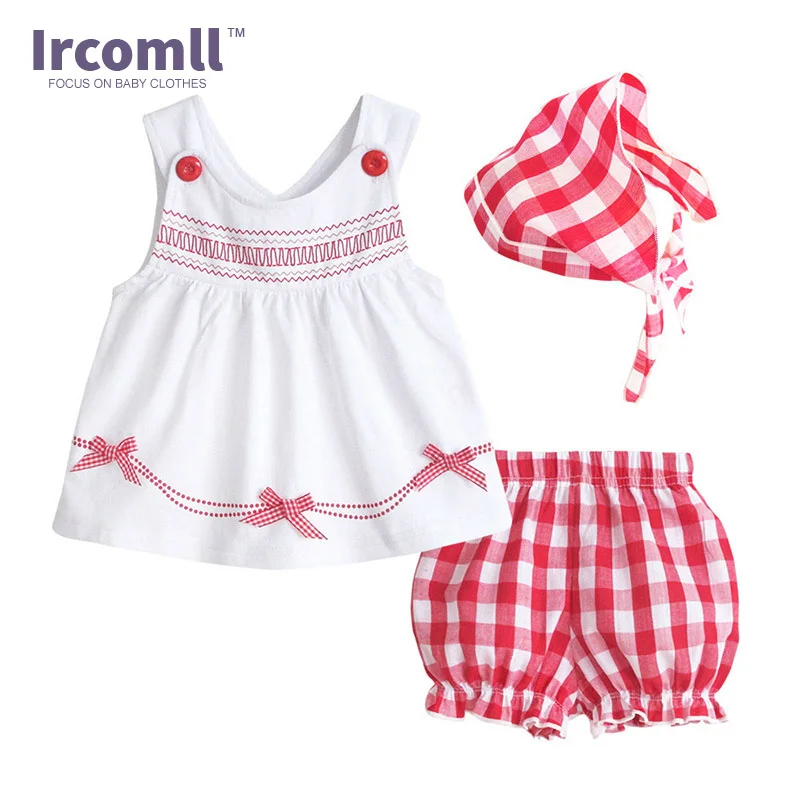 

NEW Summer 2017 Baby Girls Outfit Top+Short+Headband 3pec Clothes Sets Fashion Lattices tutu Infant Clothing Children Clothes