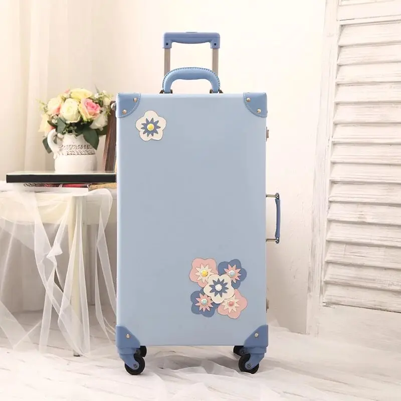 Hot!New girl Vintage Floral PU Rolling Luggage sets,13"20"22"24"26"inch Women Trolley Suitcase with Cosmetic case On Wheels