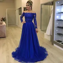 Королевские синие платья на выпускной вечерние платья с длинными рукавами выпускное платье кружевная отделанная драгоценными камнями прозрачная кисея индивидуальный заказ вечерние торжественные