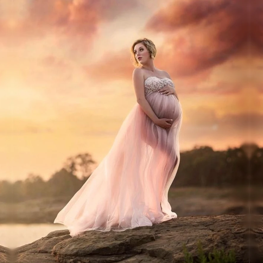 

Off-the shoulder Tulle Maternity Dresses Sweet Heart Tulle Maxi Maternity Photography Props Dress Studio Pregnant Women Dress
