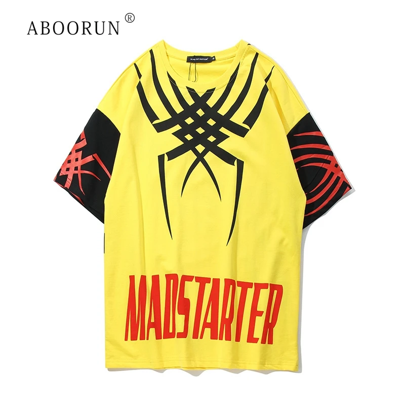 

ABOORUN Men's Hip Hop T-Shirt Printed Spider Cartoon Patchwork Short Sleeve Loose Tees Summer Fashion T Shirts for Male R25