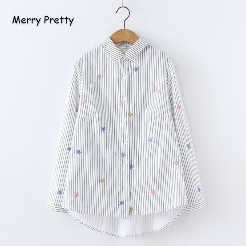 

Merry Pretty Cotton Women's Cartoon Star Embroidery Striped Blouses And Tops Long Sleeve Turndown Collar Casual Loose Blouse