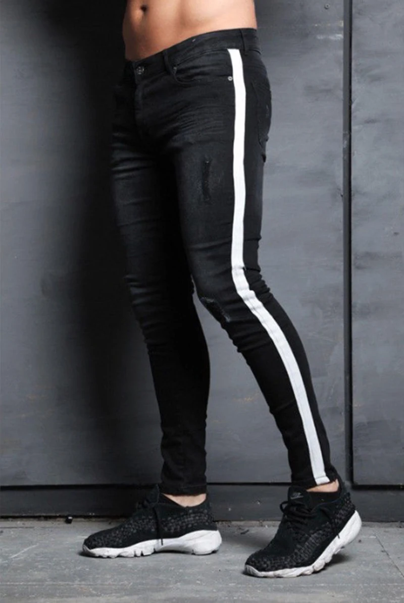 Men ripped hole denim Jeans Slim men's striped Jeans Hip hop Skinny pencil Jeans For Men high street stretch zipper jeans men