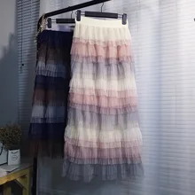 Эластичные весенние сетчатые Многослойные Бальные юбки женские радужные полосы марлевые оборки роскошная юбка с высокой талией