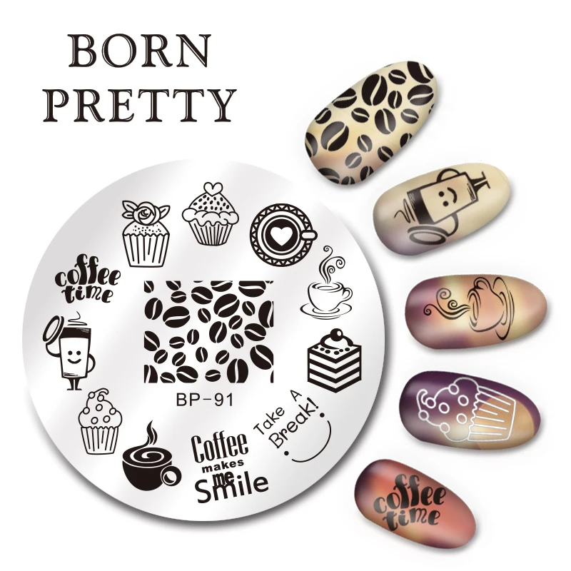 

BORN PRETTY 5.5cm Round Nail Art Stamp Template Coffee Time Nail Image Plate Manicure Decoration Tool BP-91