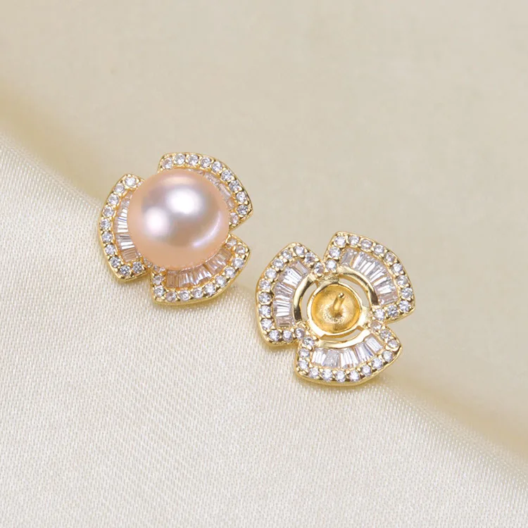 

S925 Sterling Silver Flora Stud Earrings Jewelry Findings Women DIY Pearl Earrings Components Silver&Gold Color