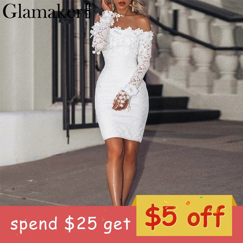 Glamake White lace halter bodycon dress Women off shoulder long sleeve sexy dress Elegant autumn party vintage mini dress winter
