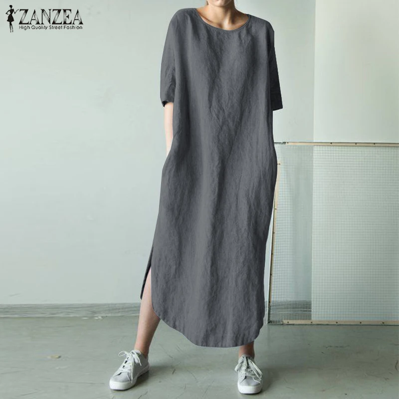 

2019 ZANZEA Summer Sundress Women Solid Cotton Linen Dress Casual O Neck Short Sleeve Shirt Dress Split Long Vestido Female Robe