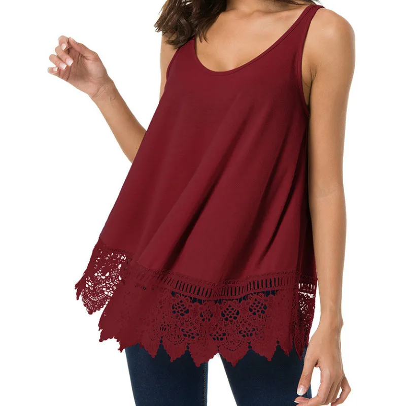 

2018 New Fashion Women T -Shirts O -Neck Sleeveless Loose Casual Tee Soild Patchwork Lace Shirts Blusas Femme Plus Size Top