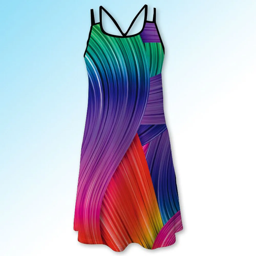 

Summer Women Dress fashion colours of the rainbow Printed tank top with straps sexy Brief shirt Dress O neck#G6
