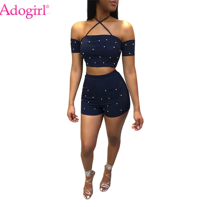

Adogirl Solid Pearls Two Piece Set Women Sexy Slash Neck Short Sleeve Off Shoulder Halter Crop Top + Shorts Fashion Club Outfits