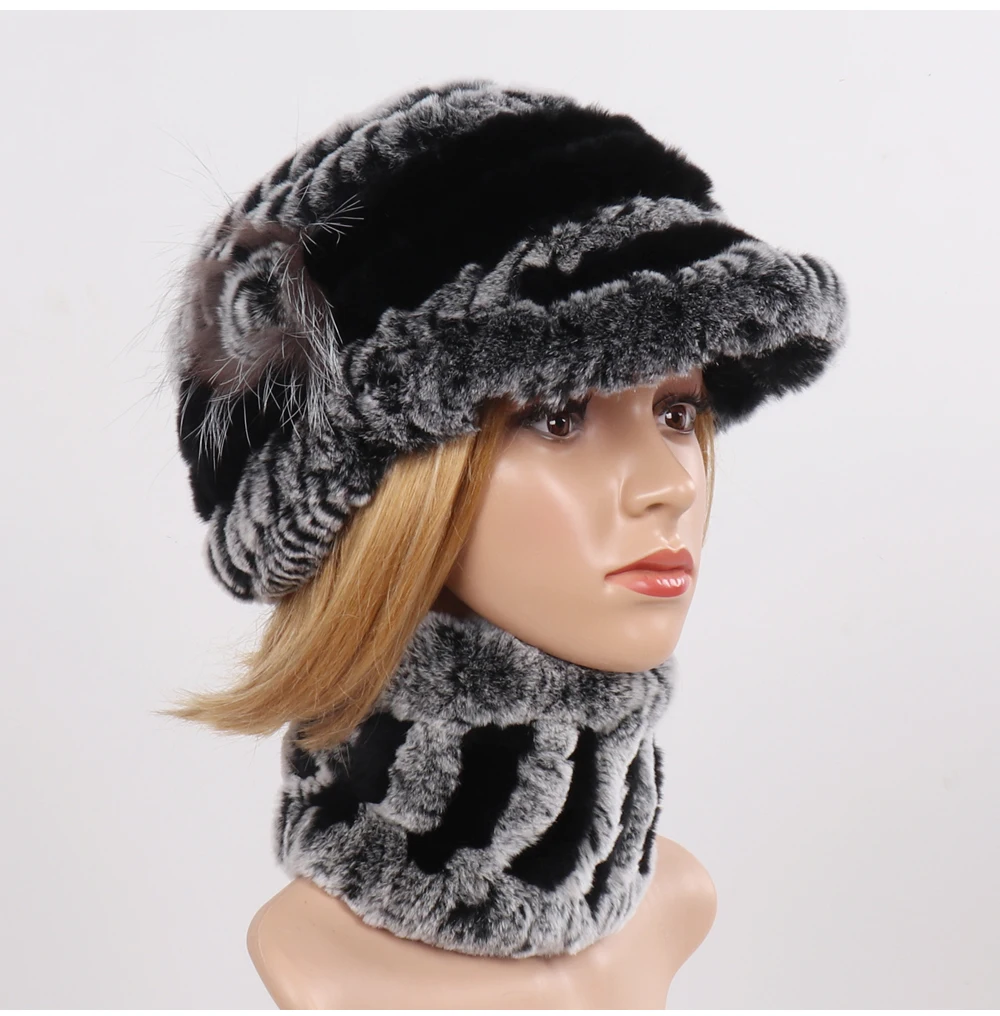 Зимние женские вязанный натуральная шерсть шапки шарфы натуральная теплая шапка из меха кролика рекс наборы шарфов Дамская мода натуральный мех шапка глушитель