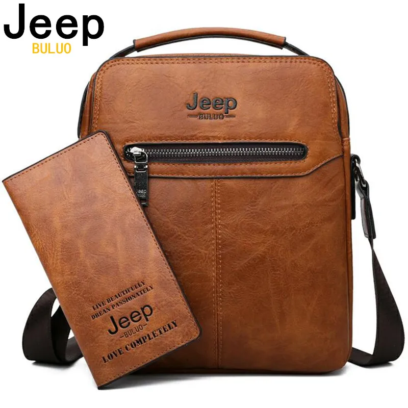 

JEEP BULUO Men Bags High Quality 2019 New 2PC/Set Man's Messenger Shoulder Bag Fashion Split Leather Crossbody Bags For Men Tote