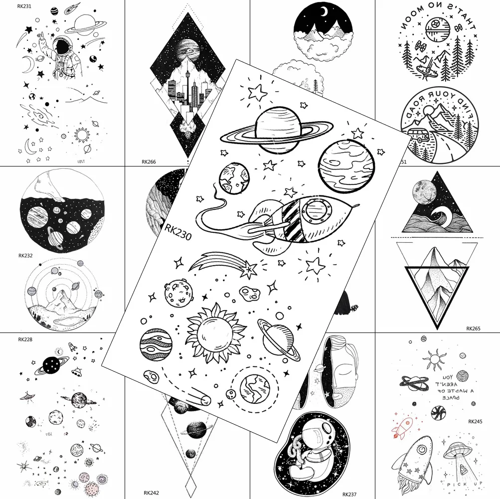 

Geometric Temporary Tattoos Sticker Black Small Planets Realistic Fake Tattoo Body Art Chest Cute Sheets Tattoos For Kids Adult