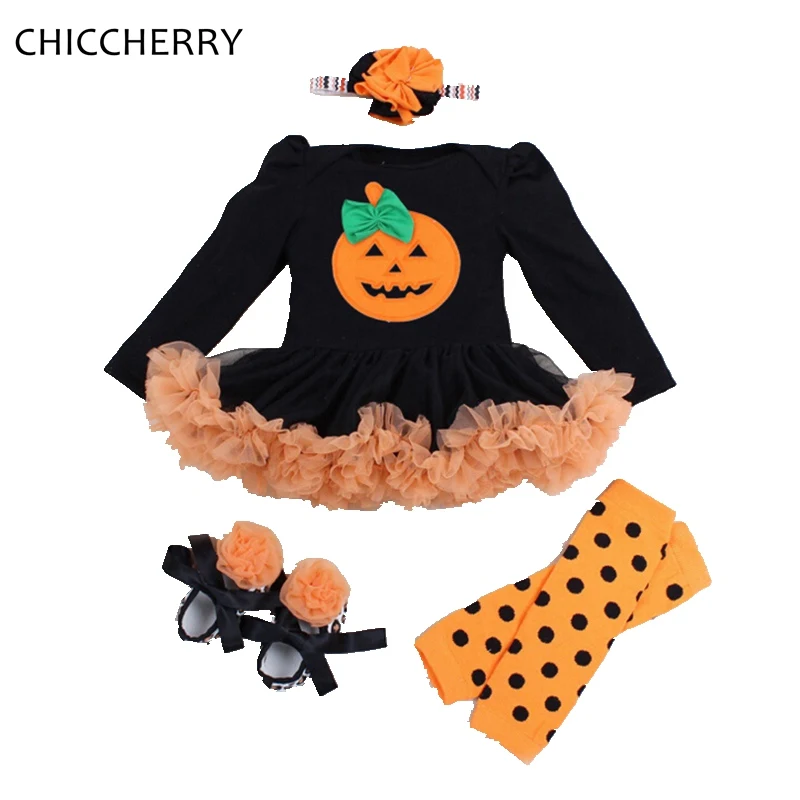 Long Sleeve Baby Pumpkin Halloween Costumes Romper Dress Headband Leg