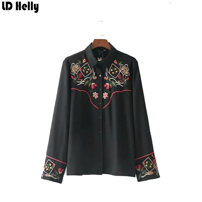 LD Helly Мода 2018 женщин черного цвета с цветочной вышивкой блузка рубашка офисный