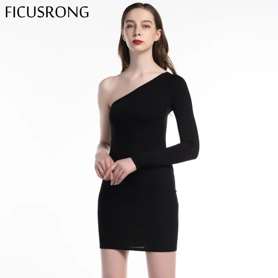 

FICUSRONG 2019 Autumn Winter Women Fashion Party Dress Cotton One One Shoulder Slope Long Sleeve High Waist Sexy Bodycon Dresses