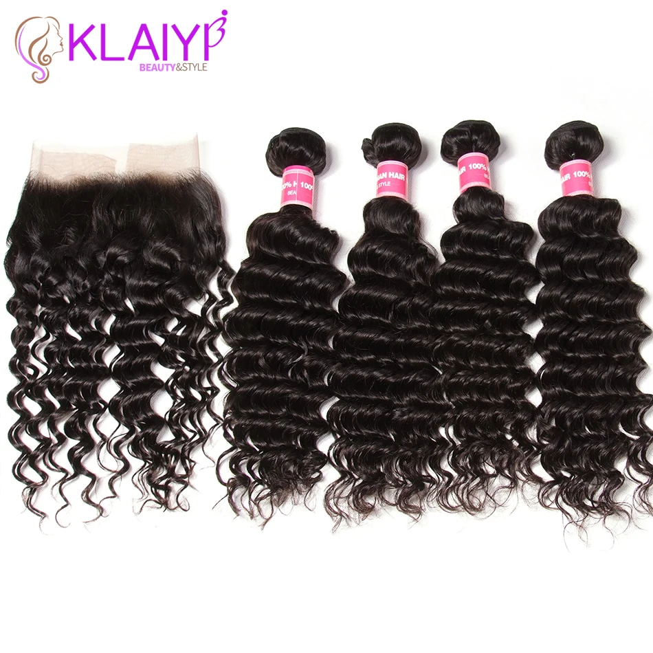 Klaiyi Hair Frontals Brazilian Hair Deep Wave Bundles With Frontal 13X4 Human Hair Lace Frontal With 4 Bundles Remy Hair Weave