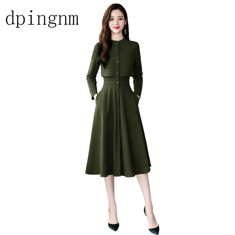 

2018 Spring Women Office Korea Sktyle A-Line Slim Fit Long Sleeve Cotton Dress Solid Color Single-breasted Female Dresses
