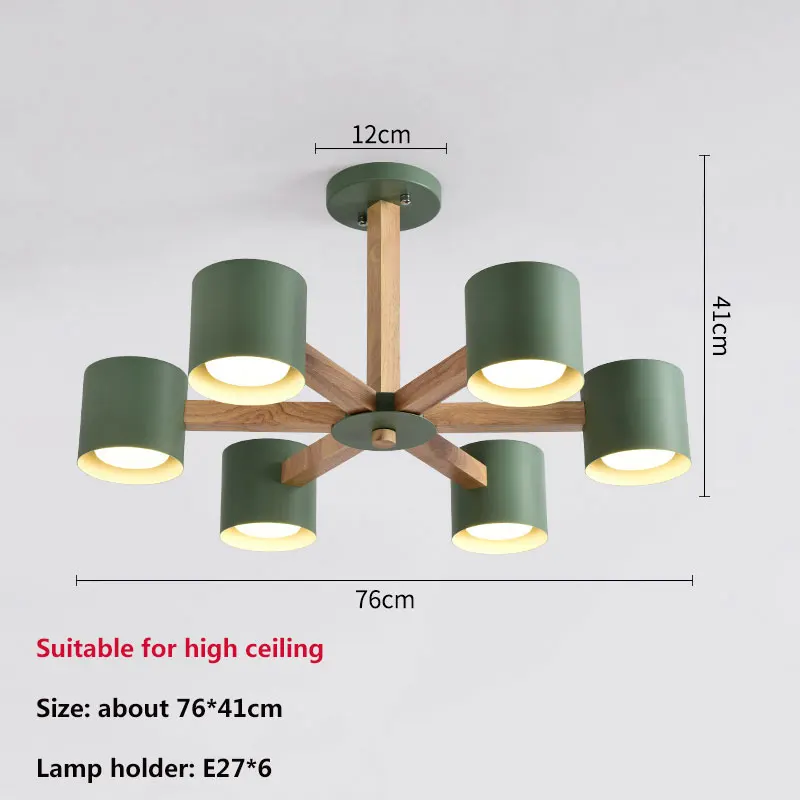 Деревянная люстра для прихожей освещение Скандинавская люстра с железным абажуром для гостиной современные деревянные люстры 90-260 в комплекте лампа - Цвет абажура: 6 light high green