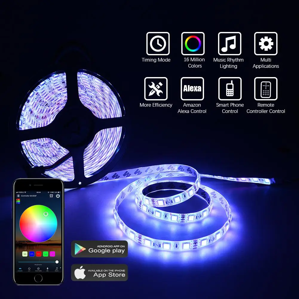 

16.4FT 5050 LED Light Strip With 300LED Wireless IR Controller Smart Phone Amazon Alexa Controlled LED Strip Lights Kit US Plug