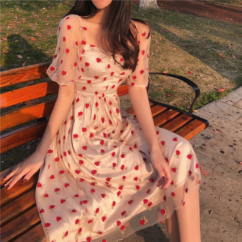 

Hot Very fairy summer new embroidered strawberry mesh dress female temperament high waist sweet long New Arrival Fashion Dress