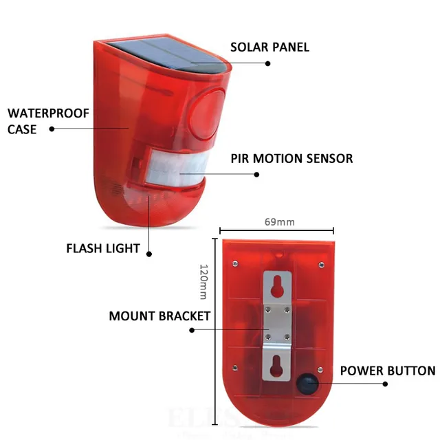 Solar Powered Infrared Motion Sensor Detector Siren Strobe Alarm System Waterproof 110dB Loud For Home Yard Outdoor Security 4