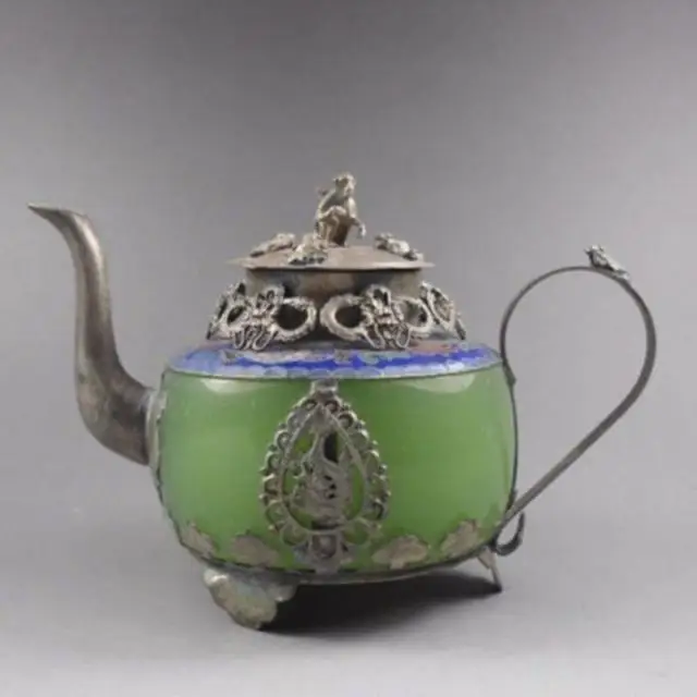 

Oriental Handwork Green Jade Cloisonne Armoured Tibetan Silver Monkey Teapot