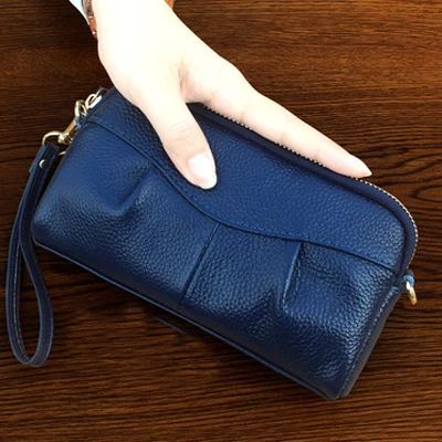 Genuine Leather Women Clutch Bags Female Luxury Small Wallet Handbags Ladies Casual Purse Mobile Phone Zipper Party Evening Bags - Цвет: Blue