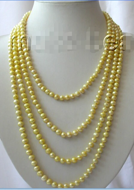 

FREE shipping>>>> stunning long 100" 7mm round gold freshwater cultured pearl necklace h646 6.07 6.8