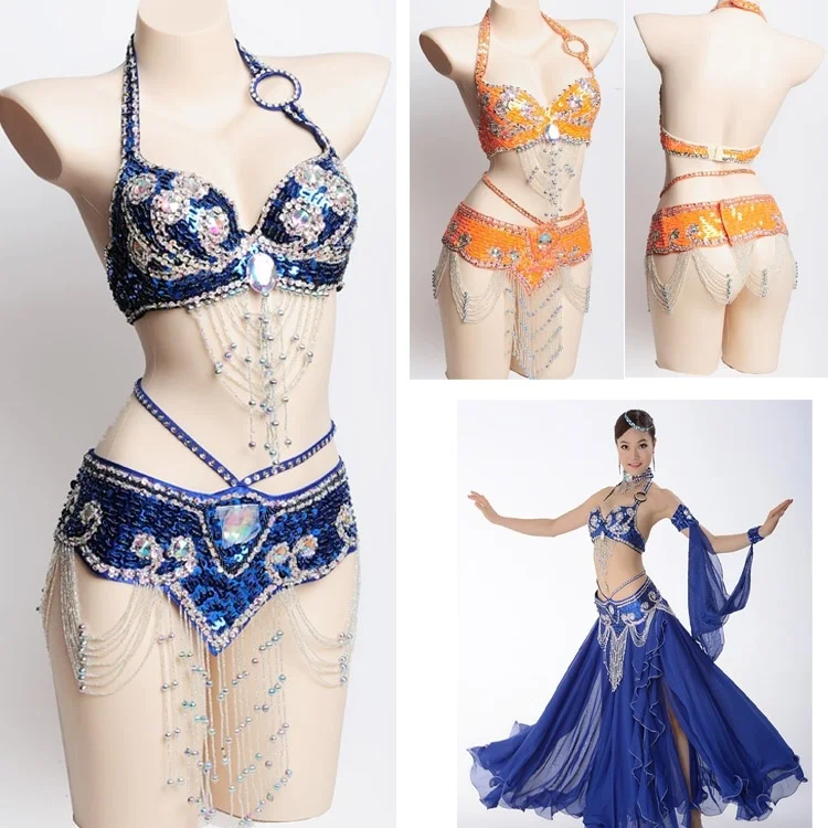 

FEECOLOR Women Belly Dance Sequined Beaded Bra Top and Belt Bellydance Suit 2pcs Costumes for Bellydancing S-XL