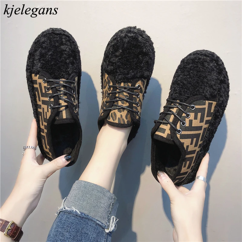 

Kjelegans 2018 Fashion Designer Autum Winter Flat Heels fur Lace Up shallow Women Flats shoes Geometric Leopard