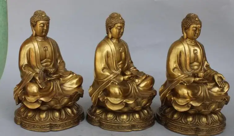 

S2232 10" China Tibet Buddhism Bronze Western 3 Shakyamuni Amitabha Buddha Set Statue
