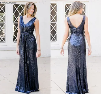 

Long Sequin Bridesmaid Dresses V Neck Sleeveless Floor Length Elegant Formal Wedding Guest Party Gowns Maid Of Honor Customized