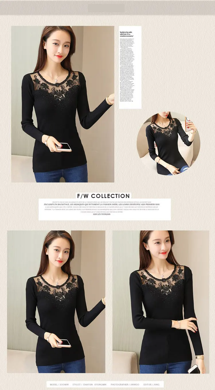 Personality Diamonds Sweater Women Sexy Lace Mesh Patchwrok Sweater Autumn Casual O-neck Knitted Sweaters And Pullovers 2019 (4)