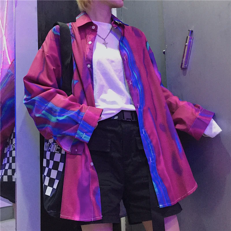 

Plus Size Loose Oversized Women/Men Violet Gradient Laser Tie Dye Print Punk Harajuku Tee Top Shirt Streetwear Harajuku Blouse
