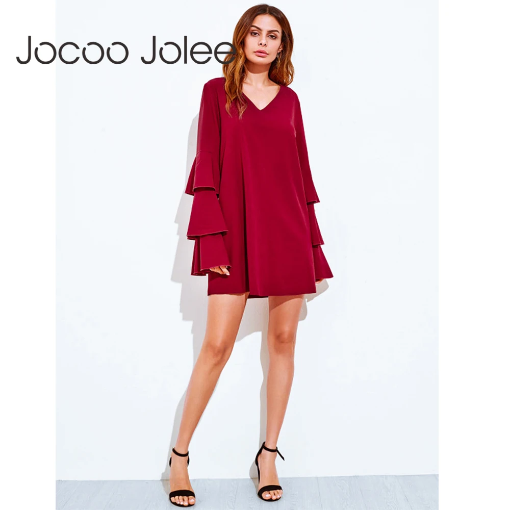 

Jocoo Jolee 2018 New Loose Cascading Ruffles Sleeves Dress for Women V-Neck Straight Dress Winter and Spring Casual Dress Red