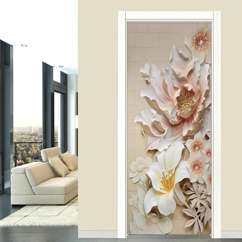 Diy Door Decal Home Decoration 3D Print Embossed Flower Picture Self Adhesive Paper Waterproof European Style Art Poster Sticker