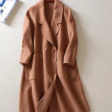 Двусторонняя шерсть ткани ручной работы женские элегантные длинные пальто большой с отложным воротником 2 кнопки S/M /l