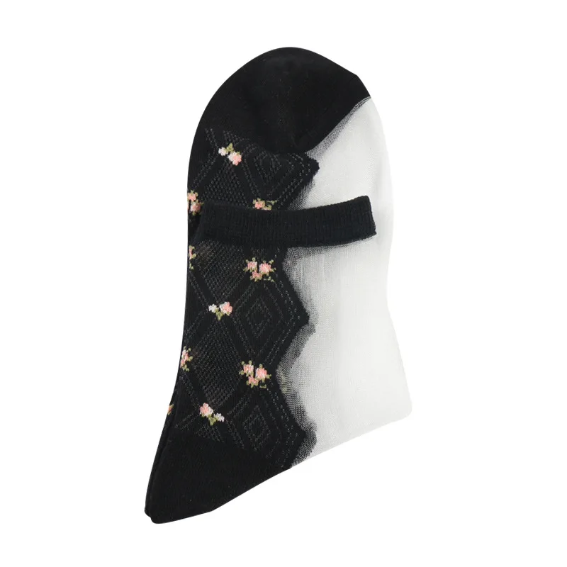 Новинка весны Harajuku сладкий цветочный карамельный цвет хлопок стекло женские носки Femme ультра тонкие цветы прозрачные Meias носки для женщин - Цвет: Black white