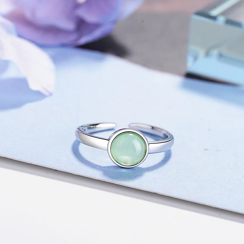 

Women Genuine 925 Sterling Silver Opal Stone Green Color Brilliant Round Solitaire Finger Ring Band Violet Purple Lovely Gift