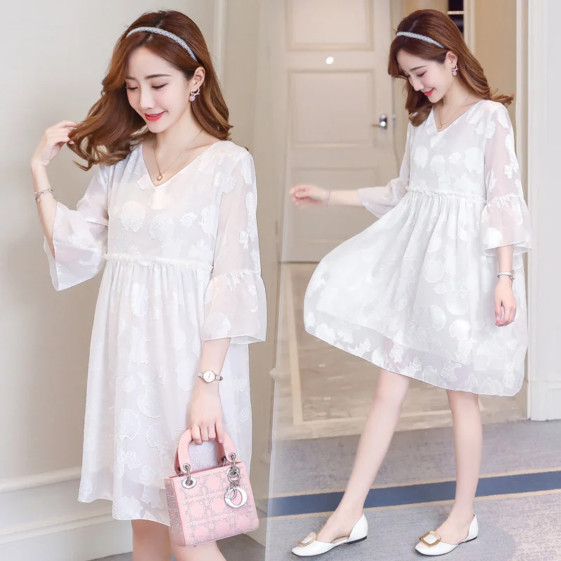 

White Loose Maternity Clothing Summer Half-sleeve Mesh Nursing Dress for Women Pregnancy Breastfeeding Dresses Mum Feeding