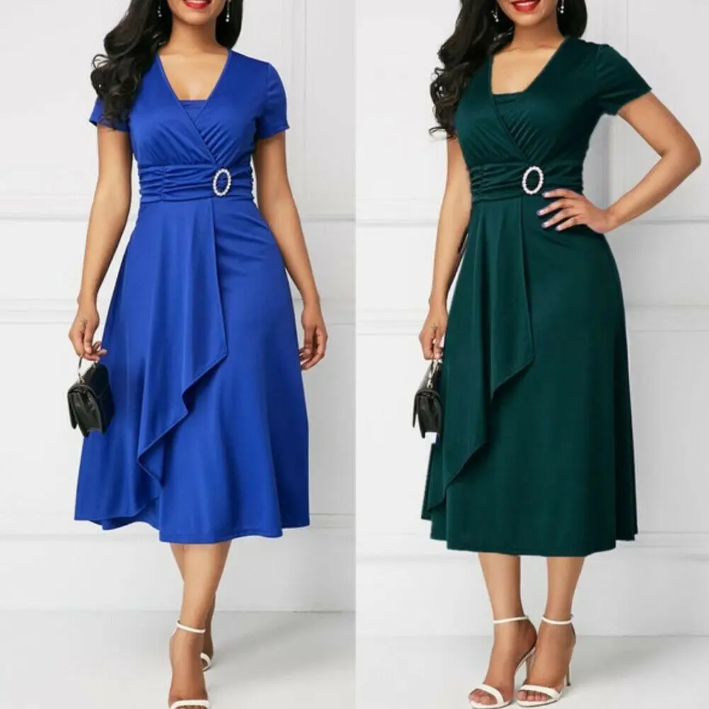 

2019 Women's Vacation Bohemian Beach Solid Button Dress Sexy Deep V Neck Loose Dresses Summer Women Vintage Casual Dress