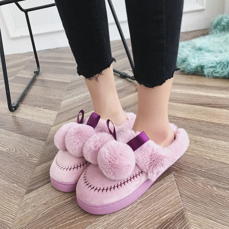 

Plush Hairball Cotton Winter Faux Fur Woman Slippers Slip on Warm Shoes Non-slip Flats Female Spring Autumn House Shoes