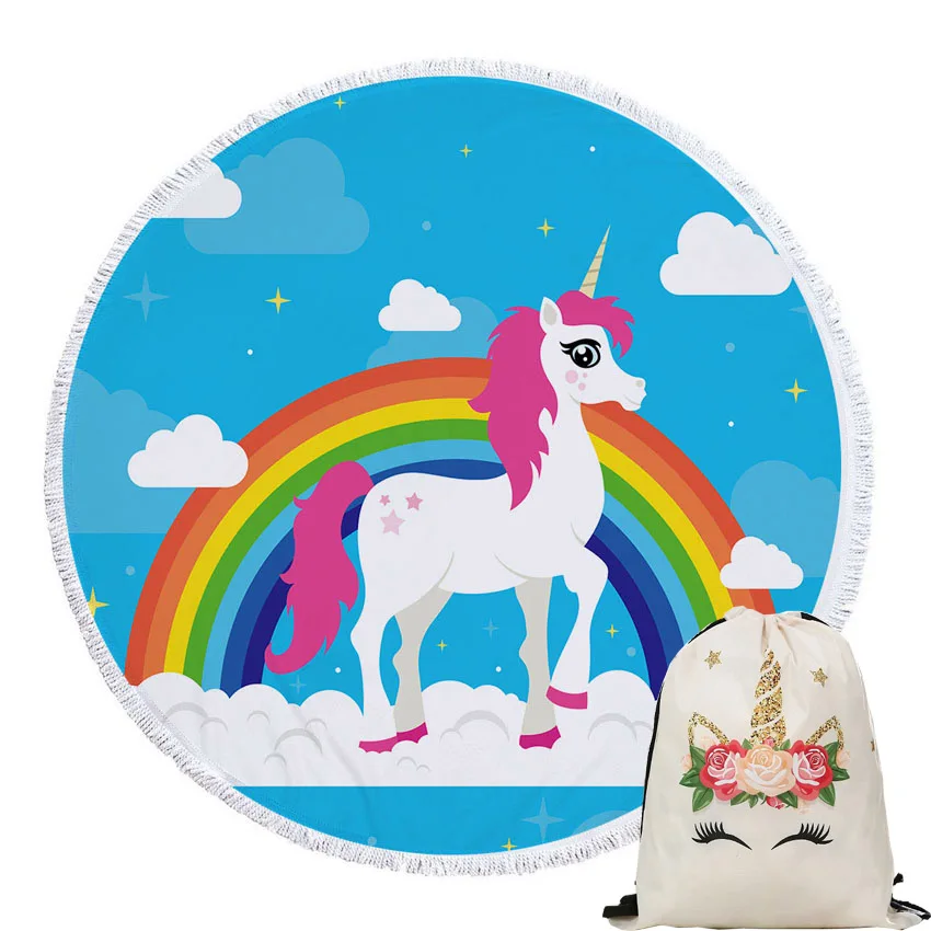 

Large Thick Summer Beach Towels Microfiber with Drawstring Backpack Bag Shower Towel with Tassels Unicorn Cartoon Seaside Cover