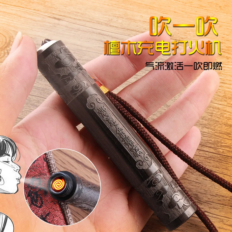 

Personality Creative Firefolder USB Charging and Blowing Wood Carving Ebon Electronic Cigarette Lighter