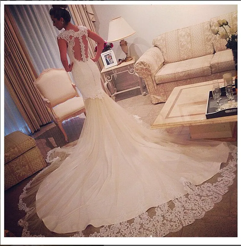 

2019 Wedding Dresses Vintage Cap Sleeve Lace Applique Mermaid Wedding Dress With A Train Vestido De Noiva Sereia New Style