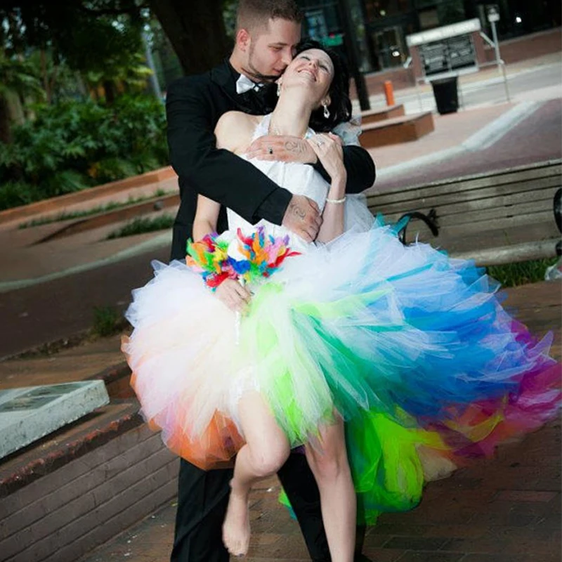 

Stylish Rainbow Colored Wedding Dresses Short Front Long Back Wedding Gown Halter Lace Up Bridal Dress 2015