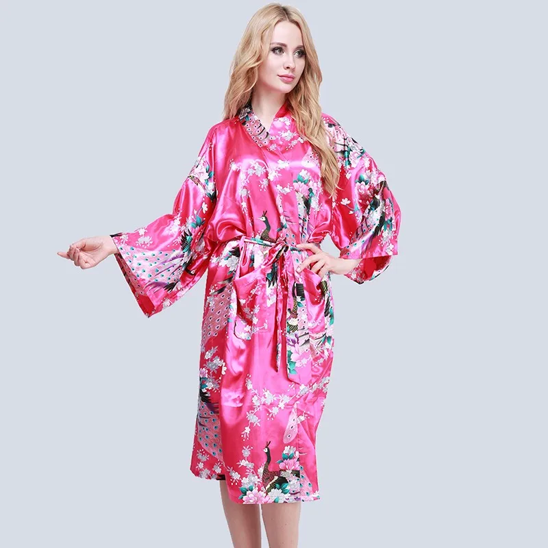 peacock print satin kimono robe